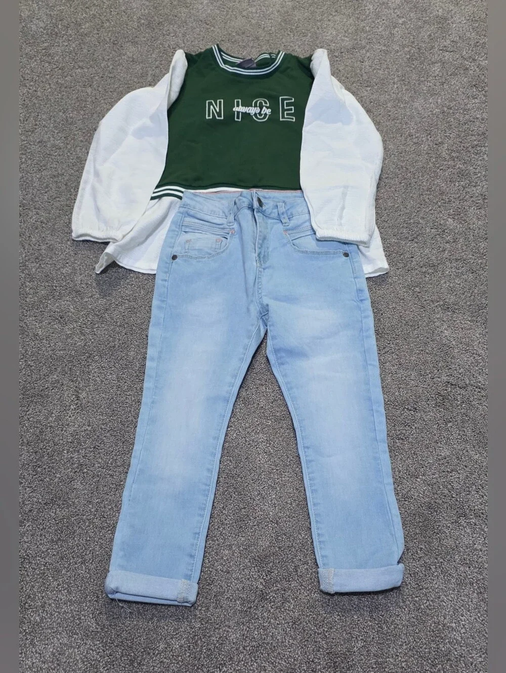 Girls Green & White Varsity Crop Top With Light Wash Skinny Jeans